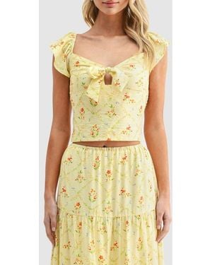 Lush Flutter Sleeve Tie Front Crop Top - Yellow