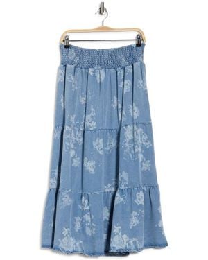 Tahari Floral Smocked Waist Chambray Maxi Skirt - Blue