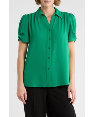 Adrianna Papell Puff Sleeve Button-Up Top - Green