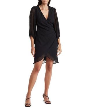 Julia Jordan Swiss Dot Balloon Sleeve Faux Wrap Dress - Black