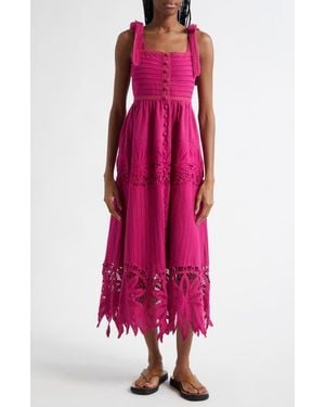FARM Rio Daisy Lace Detail Cotton & Linen Midi Sundress - Pink