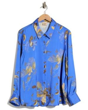Tahari Floral Print Button-Up Shirt - Blue