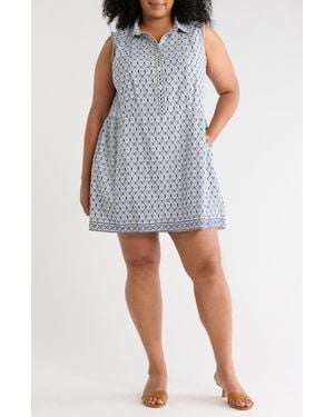 Max Studio Rosette Tile Print Smocked Waist Shirtdress - Blue