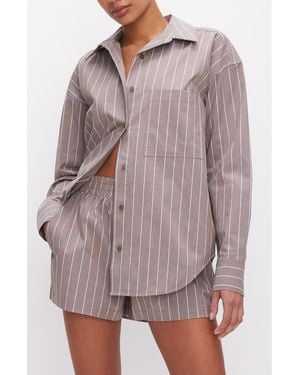 GOOD AMERICAN Oversize Stripe Stretch Cotton Poplin Button-Up Shirt - Purple