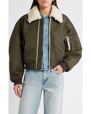 RE/DONE Shrunken Genuine Shearling Collar Water Resistant Bomber - Black