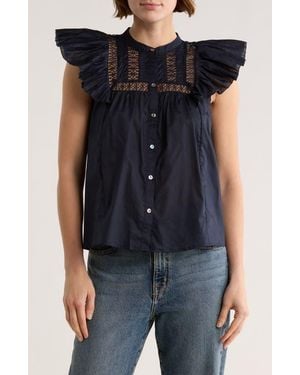 Tahari Cap Sleeve Lace Trim Button-Up Top - Blue