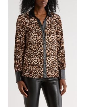 Ellen Tracy Faux Leather Trim Boyfriend Shirt - Brown