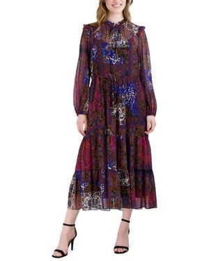 Julia Jordan Floral Print Long Sleeve Drawstring Waist Midi Dress - Purple