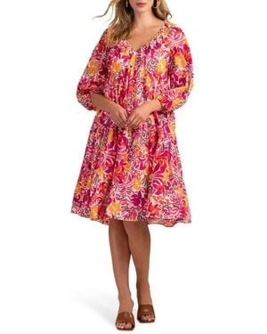 Trina Turk Tangier Floral Balloon Sleeve Cotton Shift Dress - Red