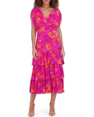 Kensie Floral Cap Sleeve Burnout Chiffon Tiered Maxi Dress - Pink