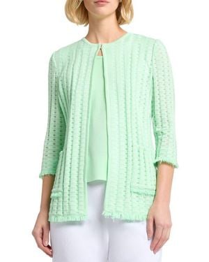 Misook Heritage Fringe Trim Tonal Burnout Knit Jacket - Green