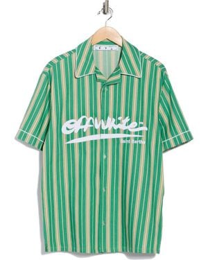 Off-White c/o Virgil Abloh Stripe Holiday Cotton & Linen Blend Camp Shirt - Green