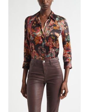 L'Agence Dani Paisley Three-Quarter Sleeve Silk Button-Up Shirt - Red
