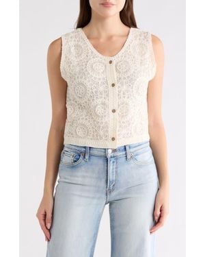 Forgotten Grace Sleeveless Crochet Button-Up Shirt - Blue