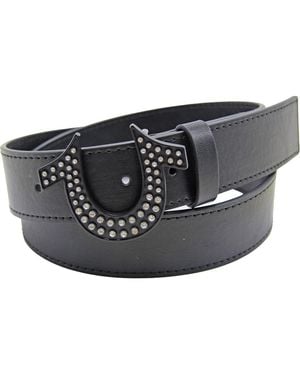 TRUE RELIGION Rhinestone Logo Buckle Leather Belt - Black