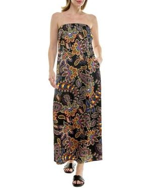 Nicole Miller Strapless Print Satin Maxi Dress - Brown