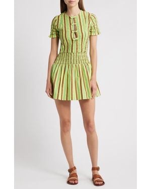 Damson Madder Saffy Smocked Stripe Organic Cotton Minidress - Green