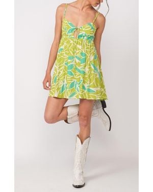 Sky To Moon Leaf Print Keyhole Empire Waist Minidress - Green