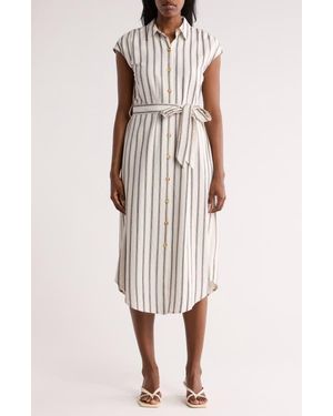 AUGUST SKY Stripe Cap Sleeve Shirtdress - White
