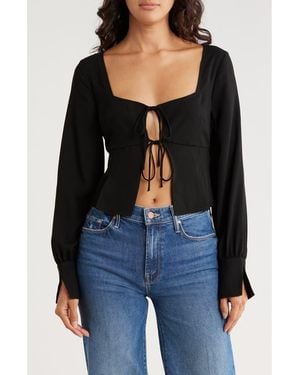 Leith Tie Front Crepe Long Sleeve Top - Black
