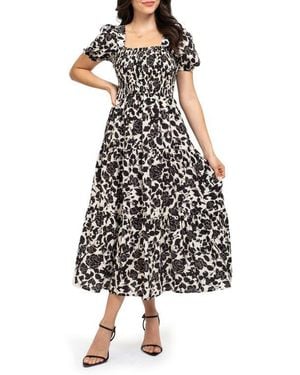 AUGUST SKY Floral Puff Sleeve Smocked Midi Dress - White