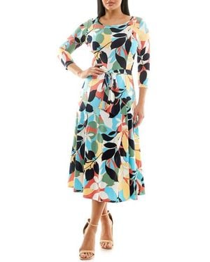 Nina Leonard Crewneck Three-Quarter Sleeve Midi Dress - Multicolor