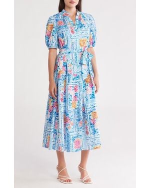 Donna Ricco Floral Puff Sleeve Tiered Maxi Dress - Blue