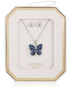 Guess Butterfly Pendant Necklace & Stud Earrings Set - White