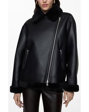 Mango Faux Shearling Moto Jacket - Black