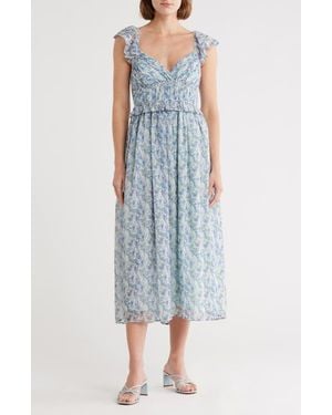 Lush Shirred Flutter Sleeve Midi Dress - Blue