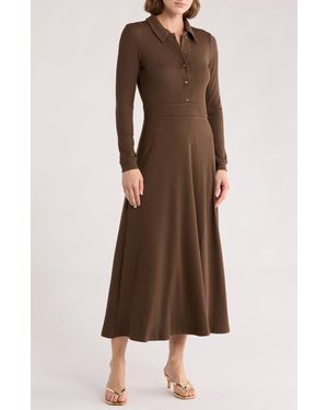 AREA STARS Raya Long Sleeve Rib Midi Dress - Brown