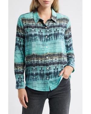 Apny Abstract Print Roll Tab Sleeve Chiffon Button-Up Shirt - Blue