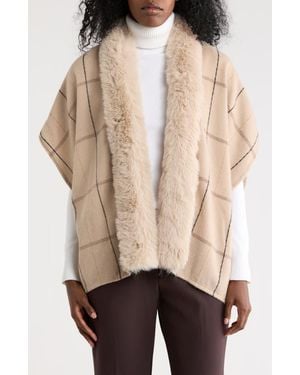 Vince Camuto Faux Fur Collar Plaid Ruana - Natural