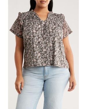 Lucky Brand Floral Flutter Sleeve Cotton Blend Top - Gray