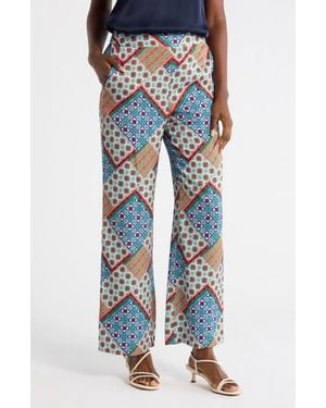 Tahari Andrea Printed Wide Leg Silk Blend Pants - Blue