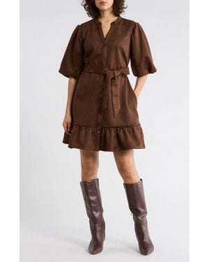 Sandra Darren Faux Suede Puff Sleeve Shirtdress - Brown