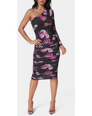 Bebe Floral One Sleeve Ruched Mesh Midi Dress - Multicolor