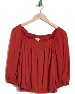 Max Studio Crinkled Balloon Sleeve Bubble Hem Top - Red