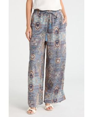 Tahari Patchwork Print Pull-On Wide Leg Pants - Blue