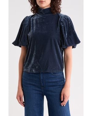 AREA STARS Velvet Mock Neck Puff Sleeve Top - Blue