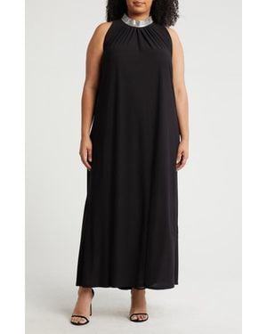 Marina Embellished Mock Neck Jersey Maxi Dress - Black
