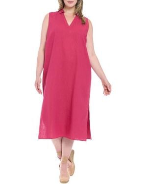 London Times Collared Popover Linen Blend Midi Dress - Pink