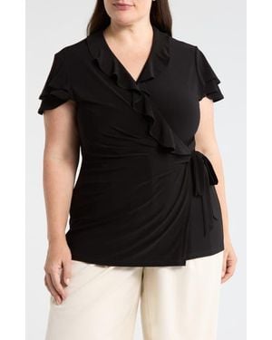 Anne Klein Flutter Sleeve Wrap Top - Black
