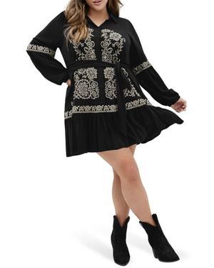 City Chic Marlie Long Sleeve Embroidered Minidress - Black