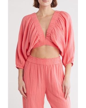 Elan Three-Quarter Balloon Sleeve V-Neck Cover-Up Top - Pink