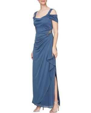 Alex Evenings Long Cold Shoulder Dress With Cowl Neckline (Wedgewood) Dress - Blue