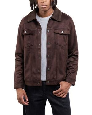 Xray Jeans Faux Fur Collar Faux Suede Jacket - Brown