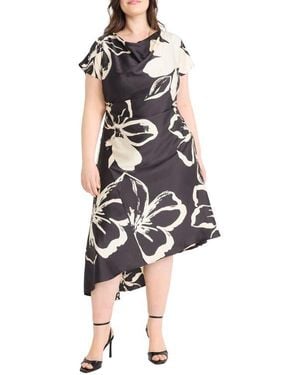 Maggy London Floral Short Sleeve Asymmetric Hem Midi Dress - Black