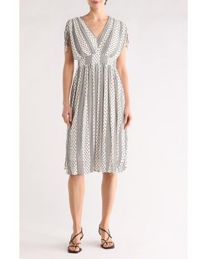 Tahari Polka Dot Short Sleeve Midi Dress - Gray