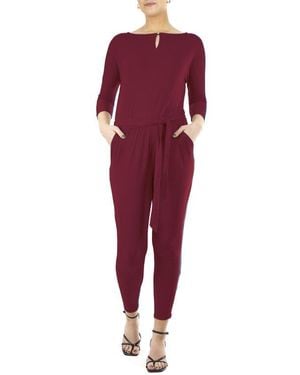 Nina Leonard Three-Quarter Length Sleeve Waist Tie Jumpsuit - Red
